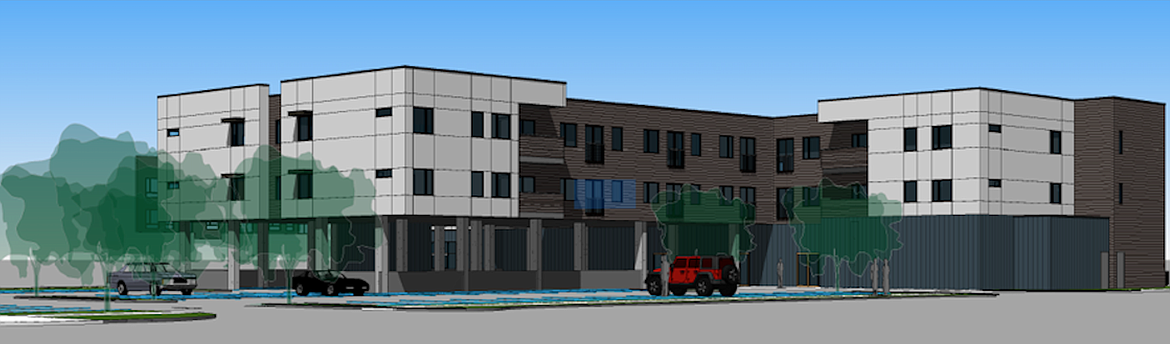 A rendering of a proposed revitalization project on a Post Falls parcel owned by St. Vincent de Paul, southeast view. If approved, the project would entail removing the existing 12 units south of Seltice Way and north of West Seventh Avenue between Compton and Catherine streets and building a three-story structure to provide retail space and affordable housing.