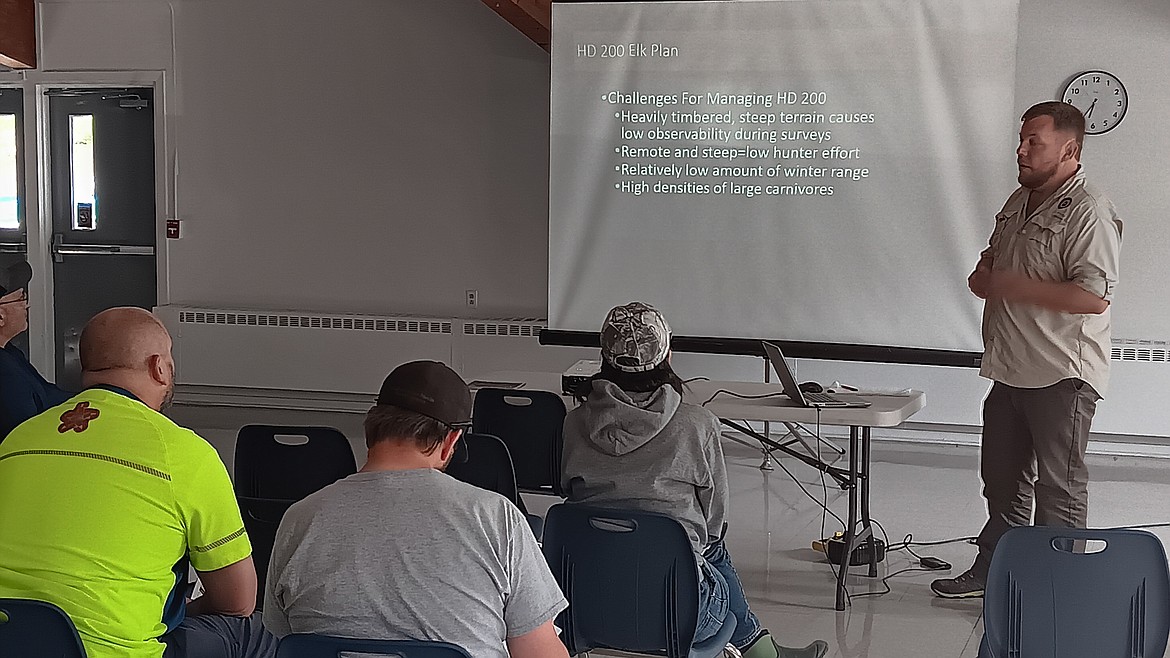 Ryan Klimstra and Liz Bradley with FWP Region 2 spoke to hunters about the Elk Management Plan that is being built for HD’s 200, 201 and 202 in Mineral County. Public comment is accepted through July 31. (Monte Turner/Mineral Independent)