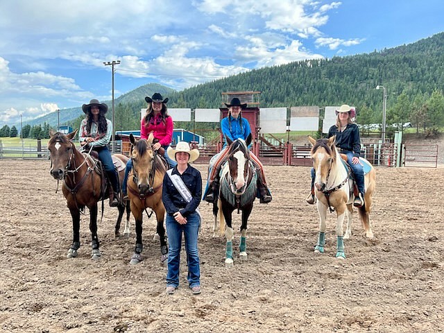 From left, Sujatha Bay, Mikaeloni Ruthford, Rainier Acker and Angela Hood were the contestants trying out for the Junior Rodeo Princess for the Go For The Gold Rodeo at the Mineral County Fair. Ranier Acker will serve in this position along with Rodeo Princess Lanie Crabb (standing) and Rodeo Queen Bailey Hansen who was unavailable for the picture. (Picture by Mary Grace Donally)