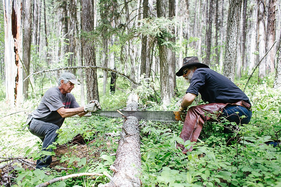 John Miller (left) and Greg Schatz (right) of the Back Country Horsemen of the Flathead use a crosscut saw during a trail maintenance project. (Photo by Mandy Mohler)