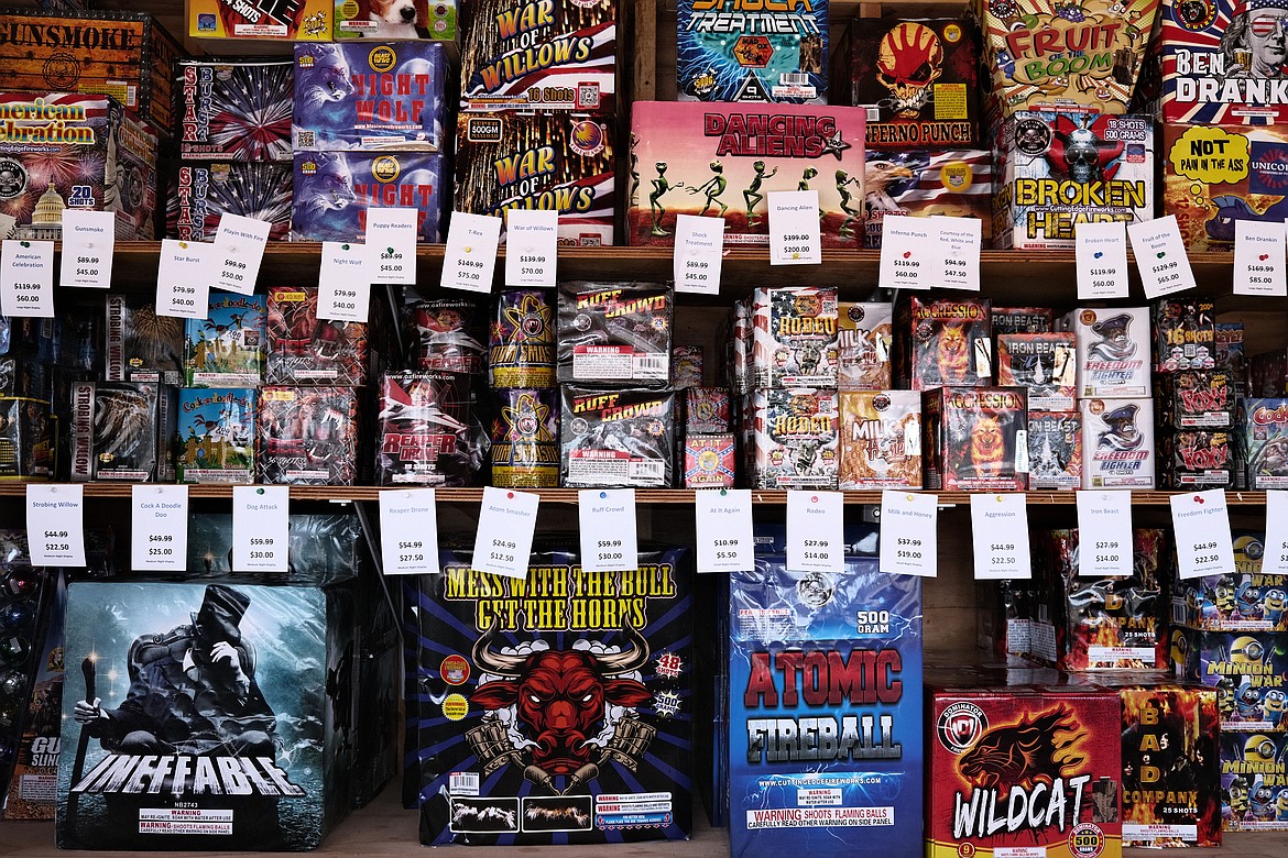 Some of the explosive products on sale at the Hong Kong Harry's roadside fireworks stand in Evergreen on July 3, 2023. (Adrian Knowler/Daily Inter Lake)