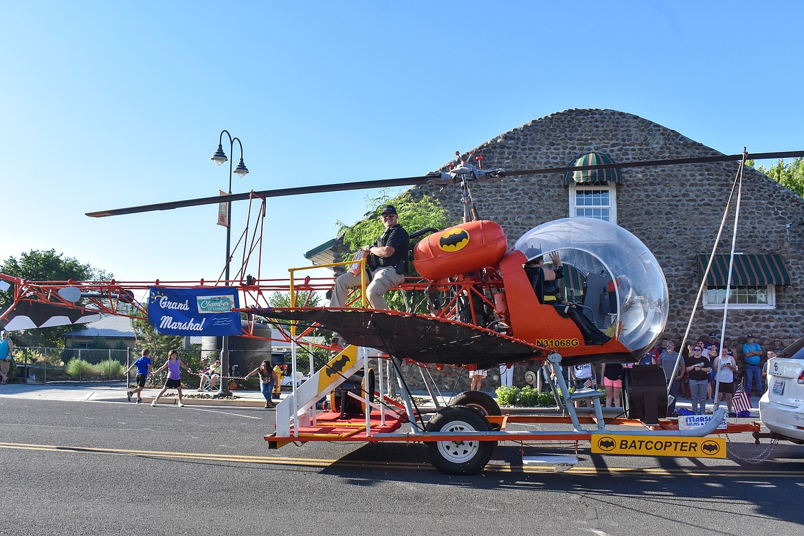 The Grand Marshal of the parade, Soap Lake Police Officer Trevor Jones, rode the Batcopter during the 2023 Suds N’ Sun celebration.