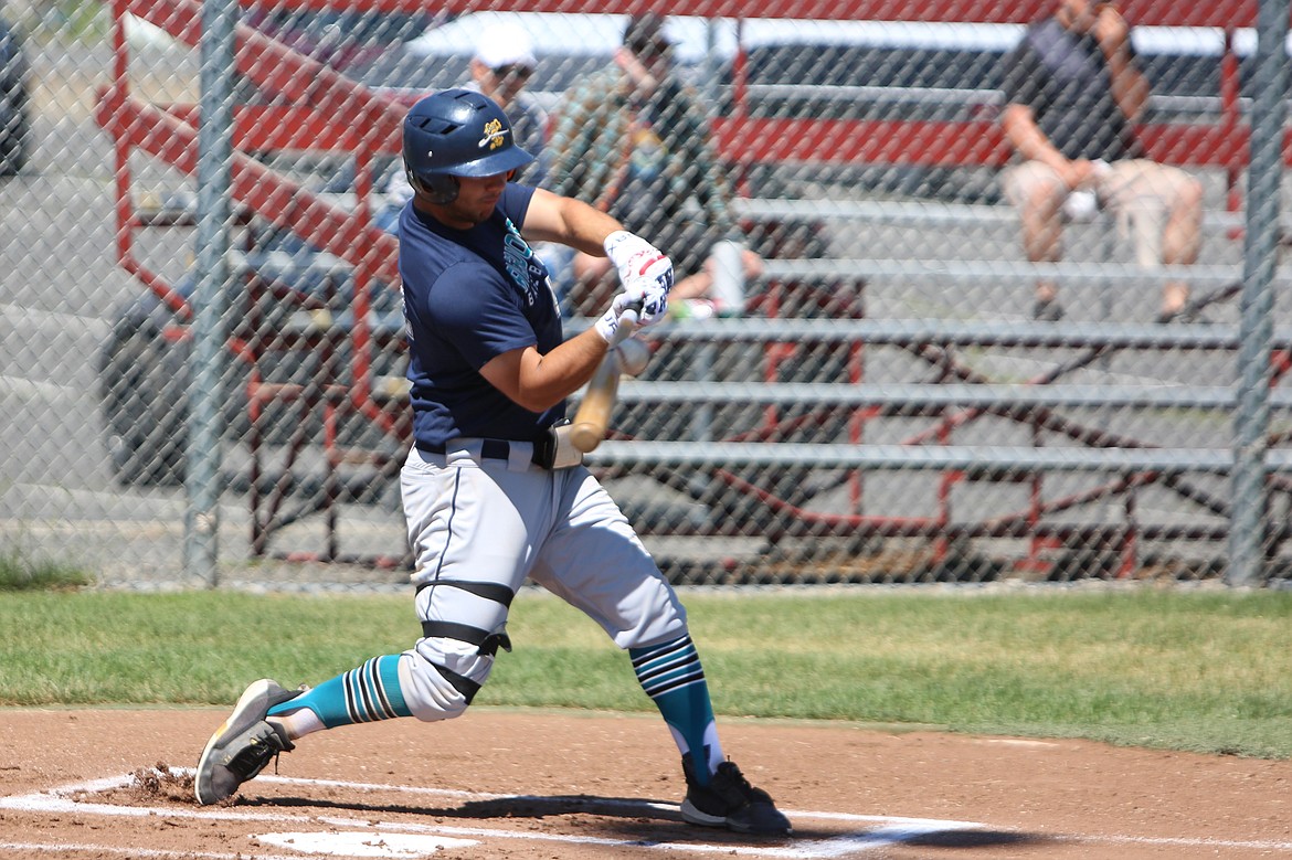 River Dog left fielder Peyton Juarez stands in the batter’s box against Absolute Human Performance Academy on Friday in Medical Lake.