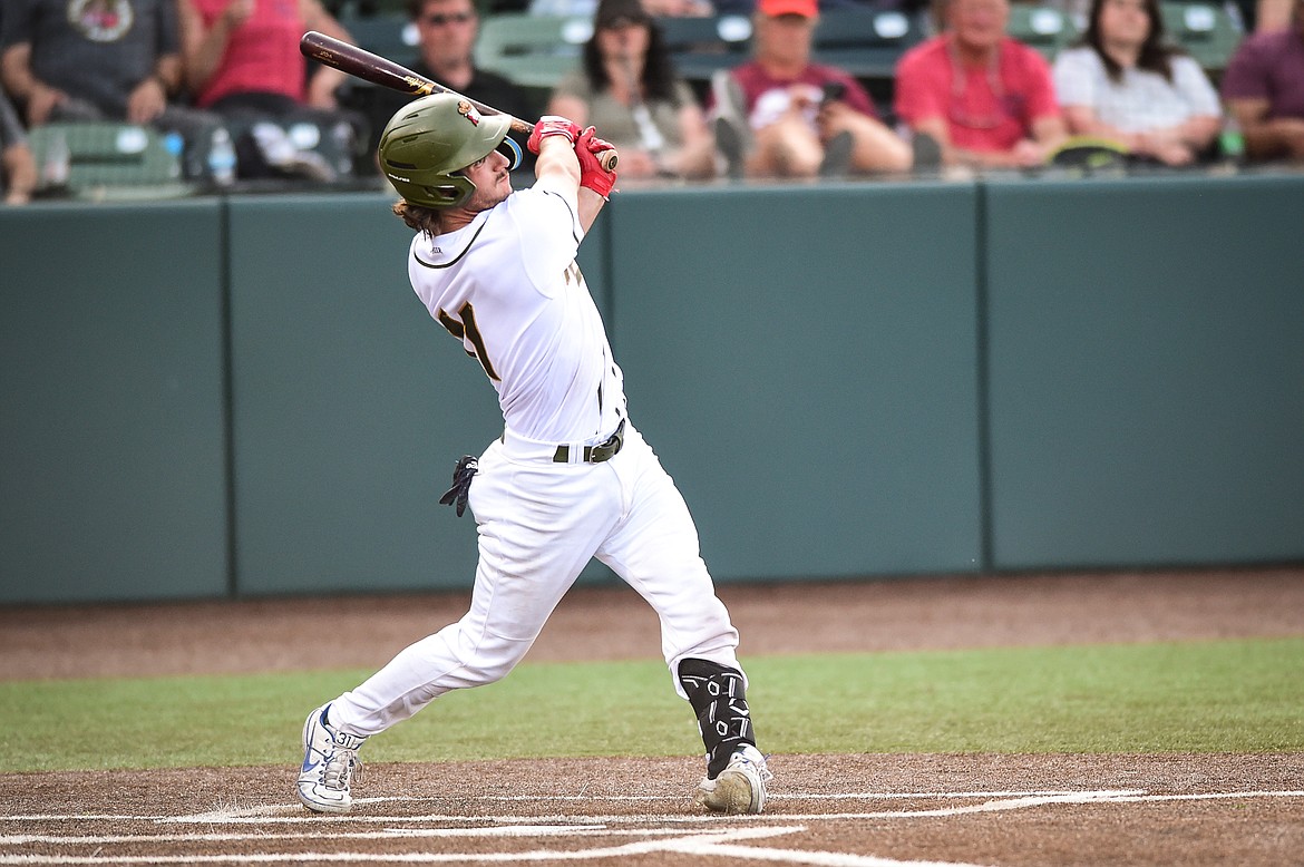 Glacier's Matt Clayton (11) watches a solo home run in the third inning against the Ogden Raptors at Glacier Bank Park on Wednesday, July 5. (Casey Kreider/Daily Inter Lake)