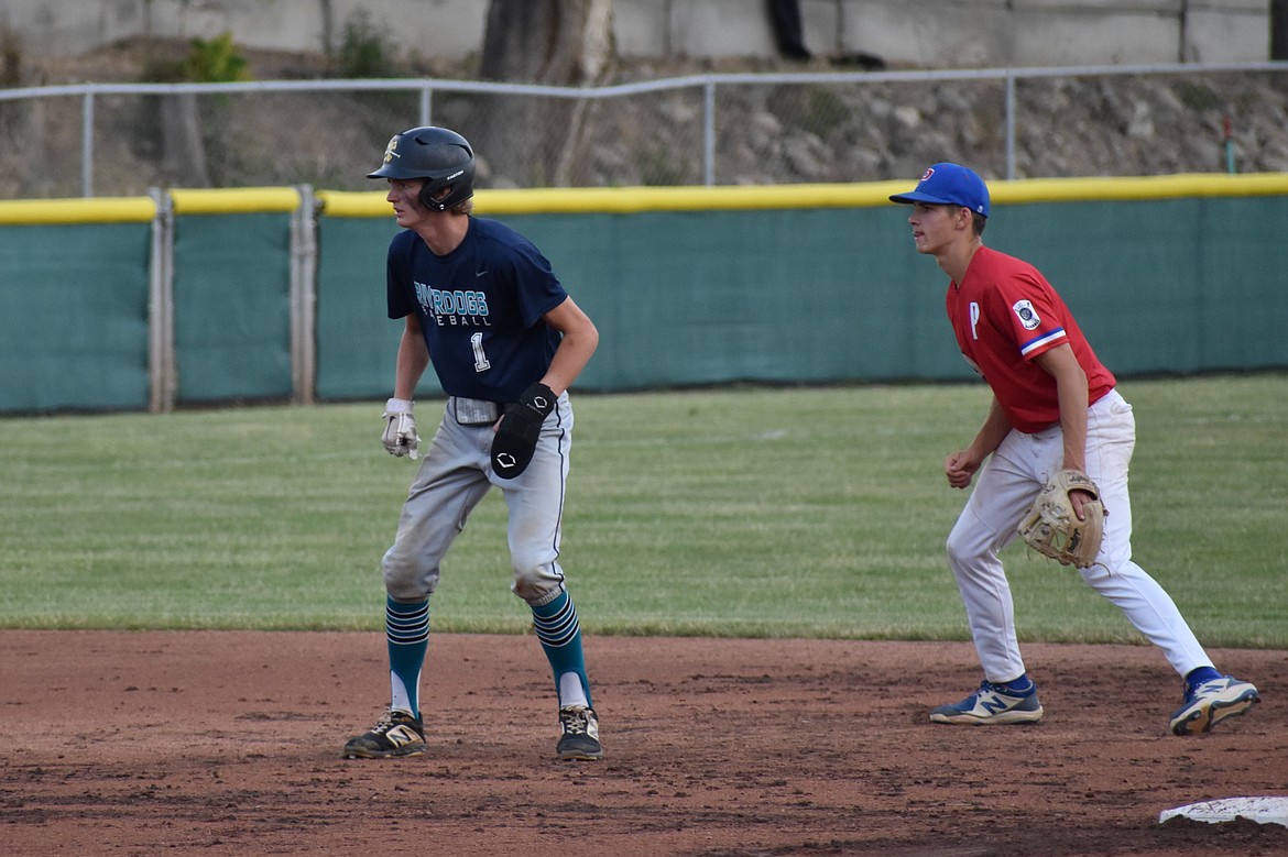 River Dog catcher Blaine Macdonald leads off of second base during the second game of Friday night’s doubleheader against Pullman.