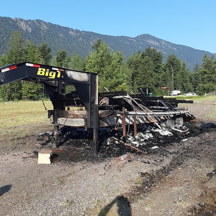 The remains of Larry Wanamaker's 20-foot cargo trailer he used to bring fireworks to his hometown of Noxon every Fourth of July.  The first totally destroyed the trailer, which Wanamaker valued at $20,000.  (Chuck Bandel/VP-MI)