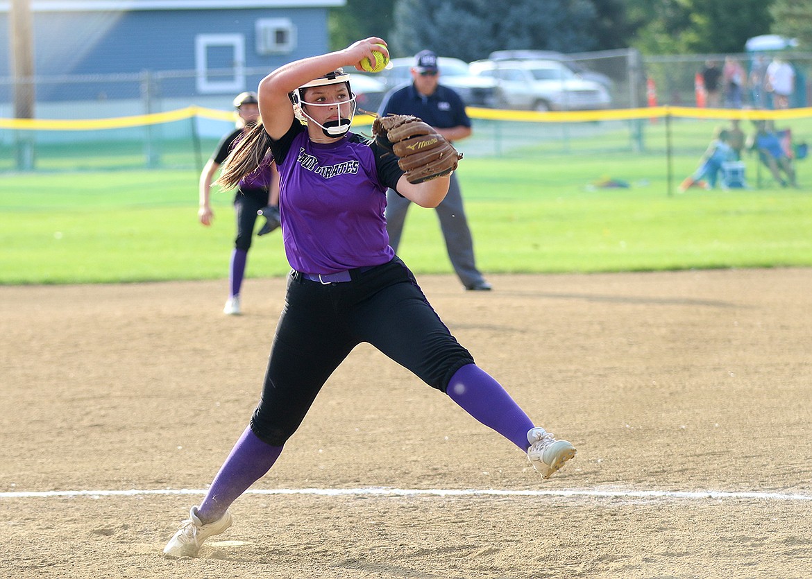 Lady Pirate Izzy Fyant winds up in the 2023 Fastpitch Softball State Tournament in Billings last weekend. (Bob Gunderson photo)