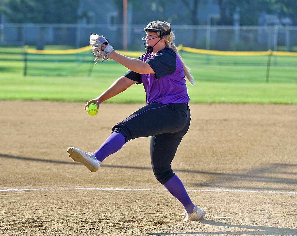 Lady Pirate Avery Starr winds up for the 18U team during the State USA softball tourney in Billings. (Bob Gunderson photo)