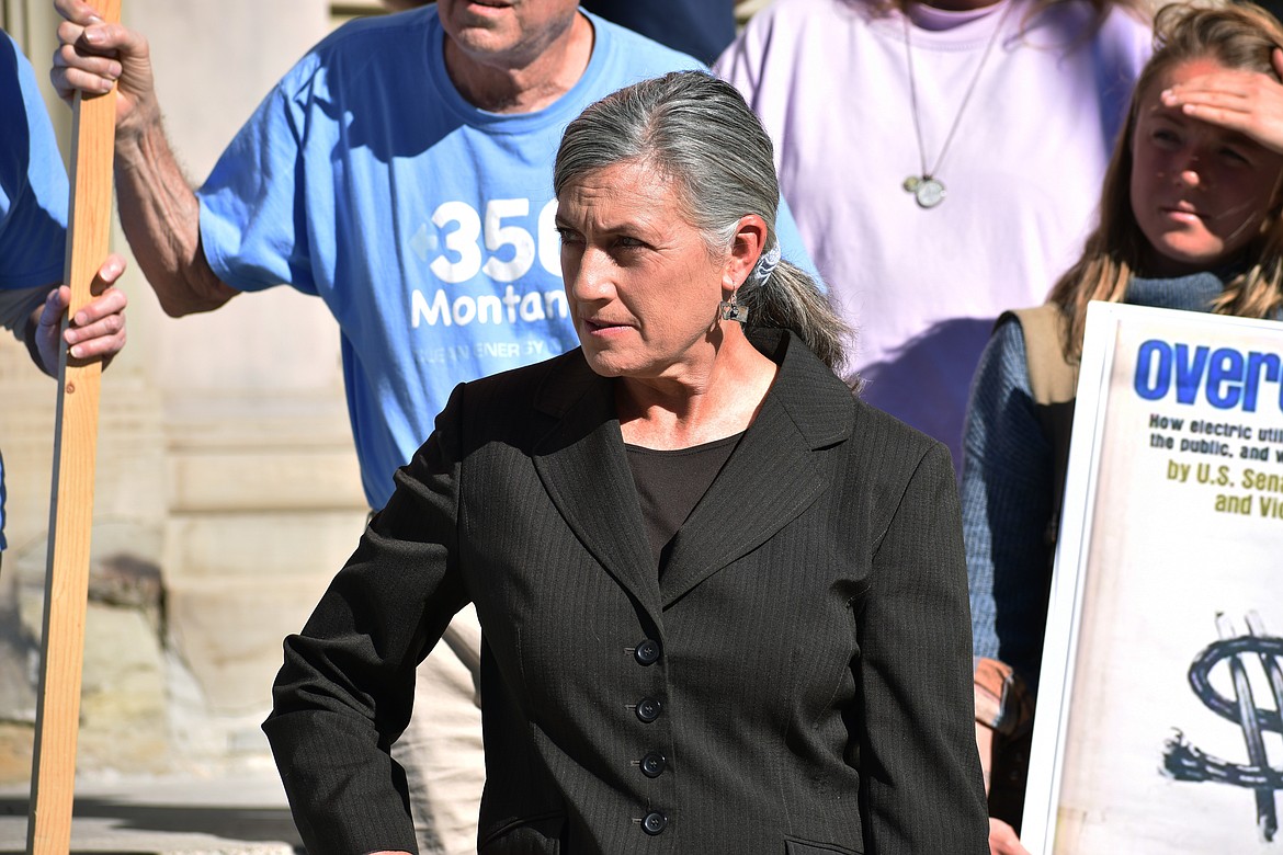 Democratic U.S. House candidate Monica Tranel listens during a news conference about a potential increase in utility rates, Oct. 19, 2022, in Butte, Mont. Tranel announced Monday, July 10, 2023, that she's seeking her party's nomination to challenge U.S. Rep. Ryan Zinke in next year's election, after suffering a close loss in 2022 to the former Trump administration Cabinet member. (AP Photo/Matthew Brown, File)