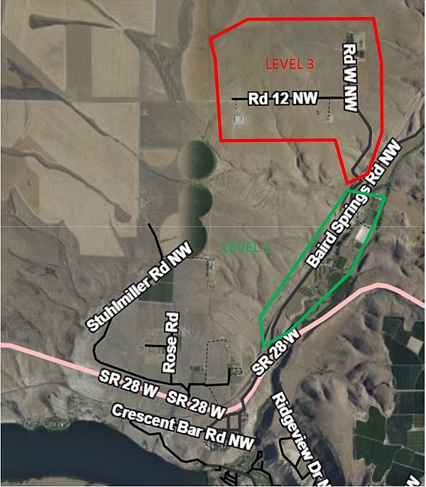 This map shows where the level 1 and 3 evacuation notices have been issued for the Baird Springs area west of Quincy.