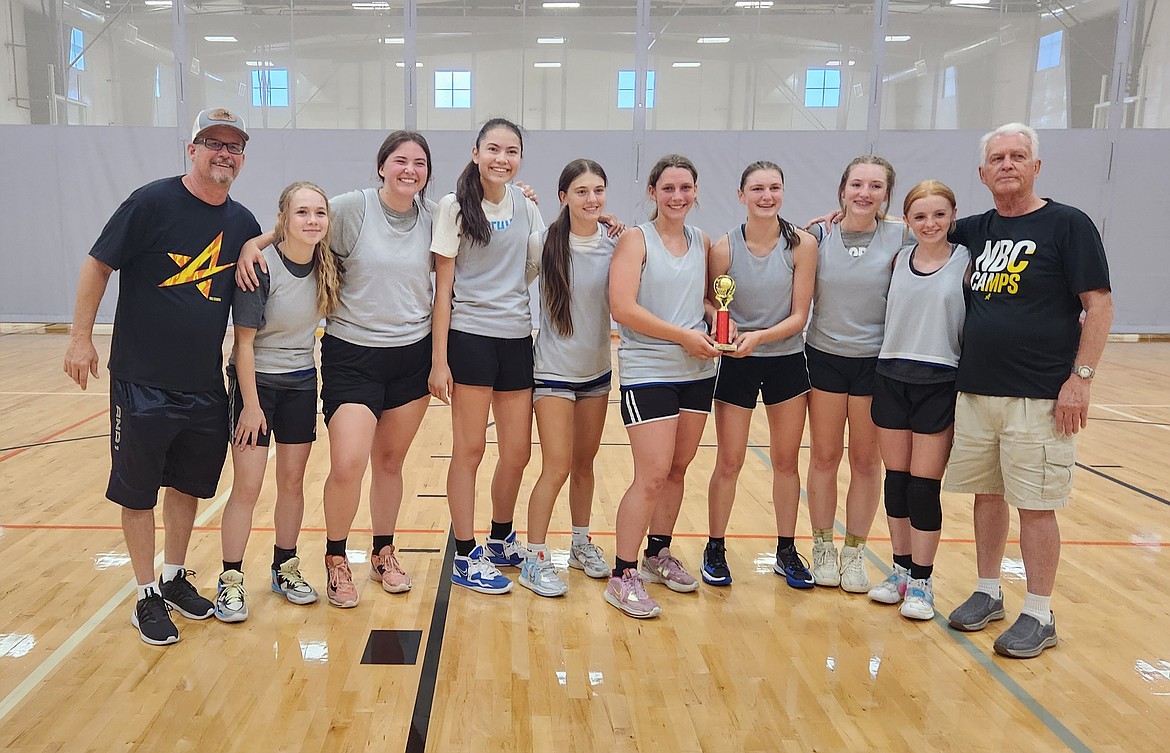 Courtesy photo
The North Idaho Christian School girls basketball team won the overall league tournament, as well as the Situation tournament, at the recent NBC Camp at The Courts at Real Life Ministries in Post Falls. NICS beat a 4A team from Alaska, and larger teams from Oregon, Washington and Idaho. From left are coach David Bittner, Madison Salaiz, Yesi Pilgrim, Chelsey Cate, Jennifer Peterson, Symone Pilgrim, Danica Kelly, Belle Sanwald, Cheyenne Collins and coach Jerry Bittner.