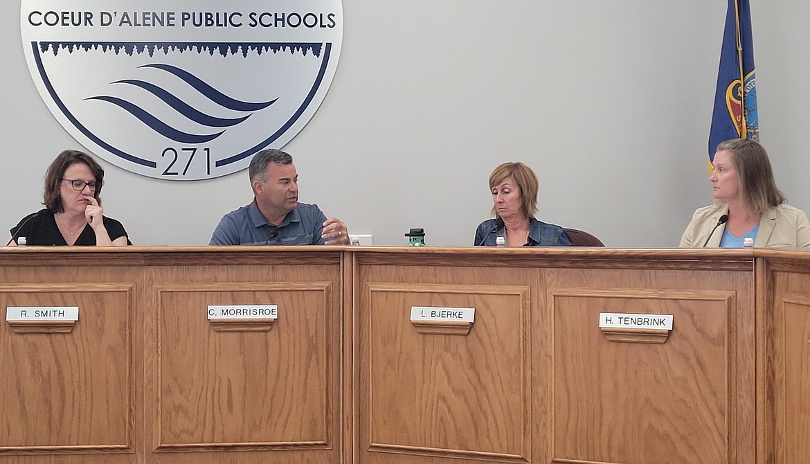 Trustees of the Coeur d'Alene School District discuss raising School PLUS fees during a fee increase hearing Monday before a regular board meeting. From left: Chair Rebecca Smith, Vice Chair Casey Morrisroe, Trustee Lesli Bjerke and Trustee Heather Tenbrink. Trustee Allie Anderton participated via phone.