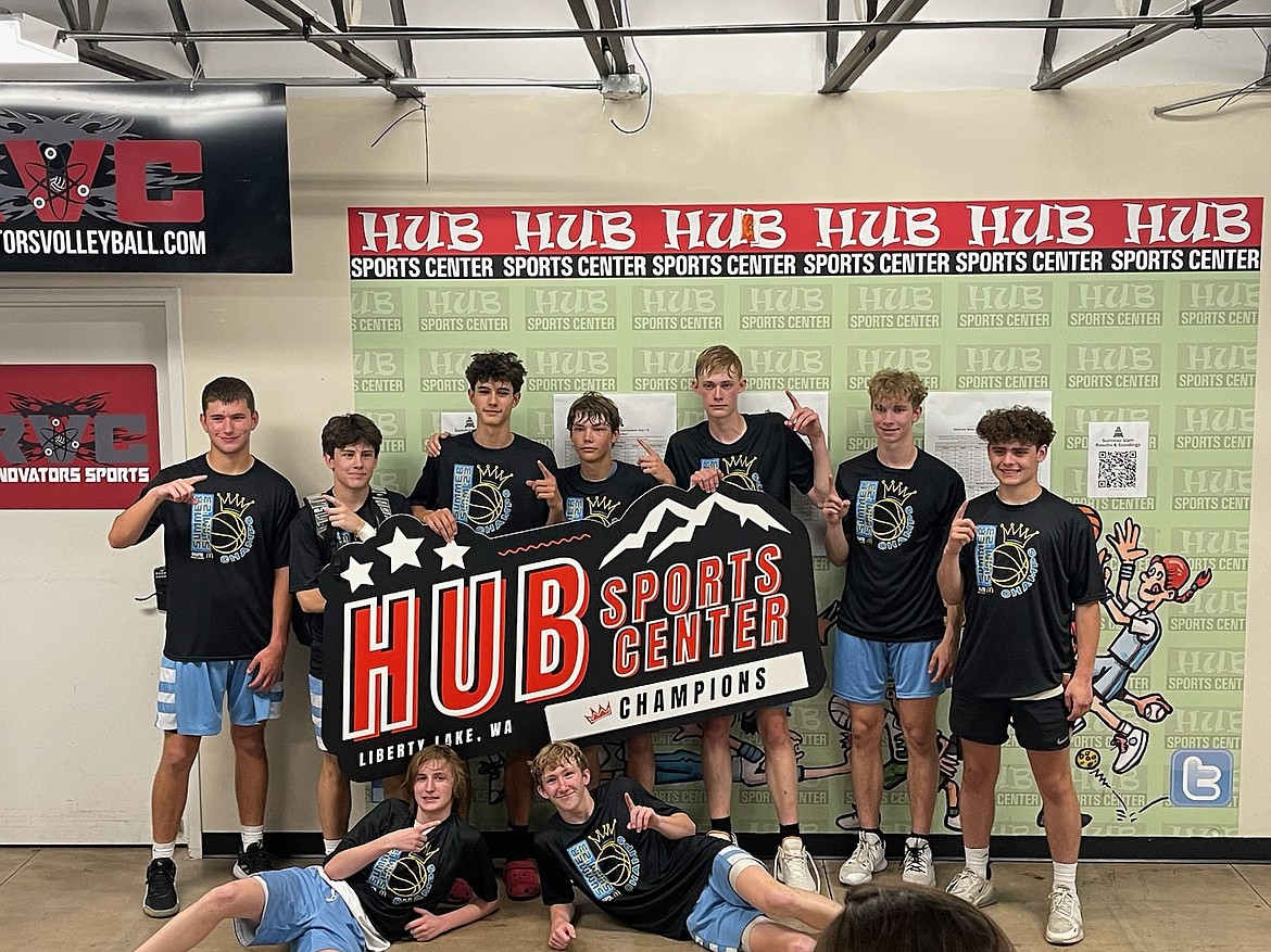 Courtesy photo
The Storm 2025 boys basketball team won the JV division at the Summer Slam tournament last weekend at the HUB Sports Center in Spokane Valley. The Storm beat Catch Spokane Force 79-29 and the Sandpoint JV 49-25 before losing to the Catch Spokane Mix 53-46. In the semifinal the Storm beat East Valley 76-22. The championship was a rematch with the Catch Spokane Mix, the Storm winning 45-32 to take the championship. In the front from left are Zach Bell and Garrett Varner; and standing from left, Peyton Hillman, Evan Hensyel, Carter Kloos, Mason Hensly, Zach Cook, Dominic Wilhelm and Peyton Burcham.