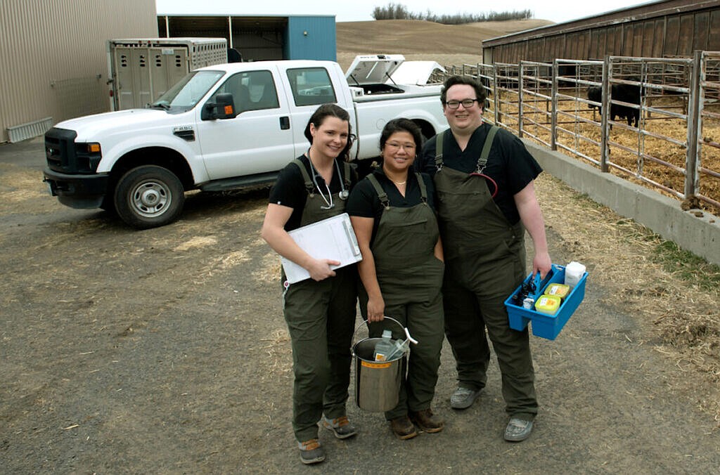 From left: Alyssa Marre, Jennifer Sexton, and Jeff Olivarez pose with a truck that will be used for the WSU Veterinary Teaching Hospital’s new Large and Agricultural Animal Ambulatory Service.