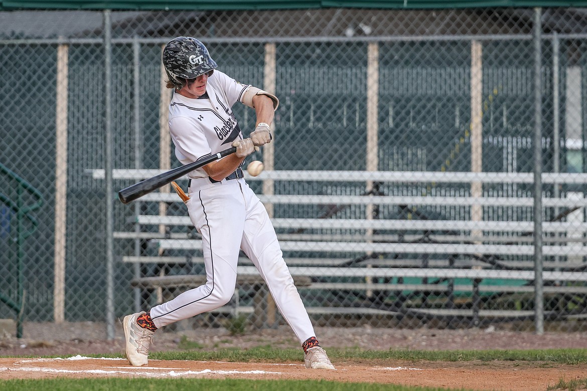 Twins' Tristan Butts takes a swing at a ball in a game against Miles City on Thursday at the Ed Gallo Memorial tournament in Whitefish. (JP Edge photo)