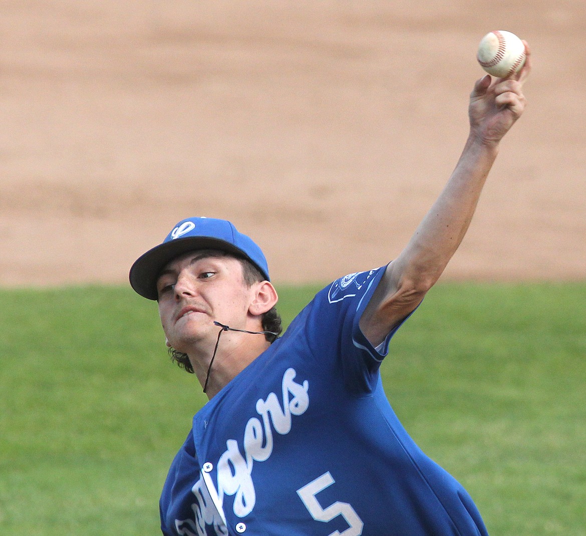 Libby's Noah Gillespie delivers a 3-1 pitch to the Glacier Twins' Maddox Muller for a foul ball in the top of second inning with one out in the first game of a doubleheader Wednesday evening at Lee Gehring Field. (Paul Sievers/The Western News)