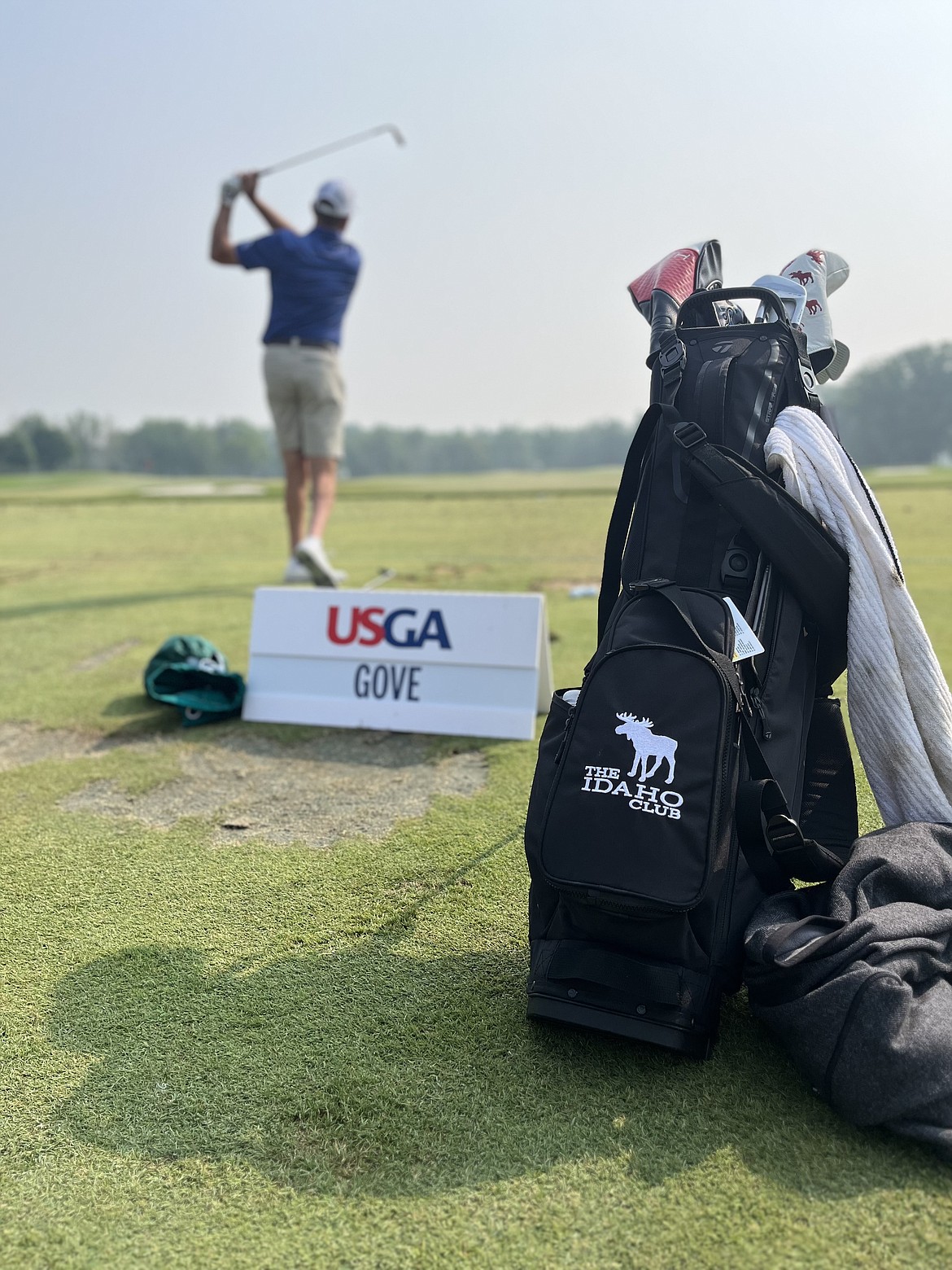 Jeff Gove follows through on a swing after driving a ball at U.S. Senior Open in Stevens Point, Wisc. Gove represented The Idaho Club on his staff bag at the Open.