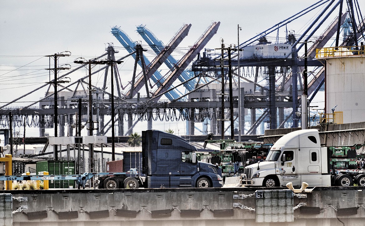 Semi-trailer trucks arrive at the Los Angeles Port in San Pedro on Thursday, June 15, 2023. (AP Photo/Richard Vogel)