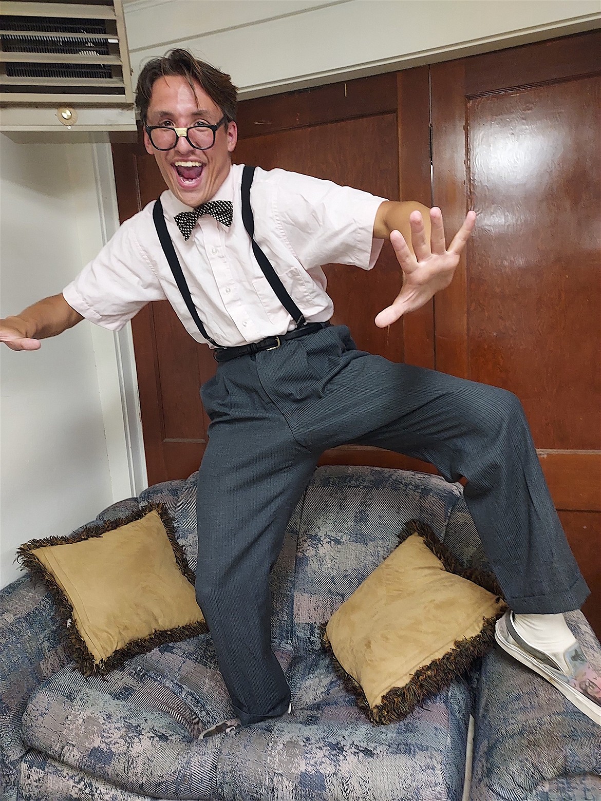 Hopeless nerd Rick Steadman (Kai McDonald) takes a ride on the wild side
in the Port Polson Players' production of "The Nerd." (Karen Lewing photo)