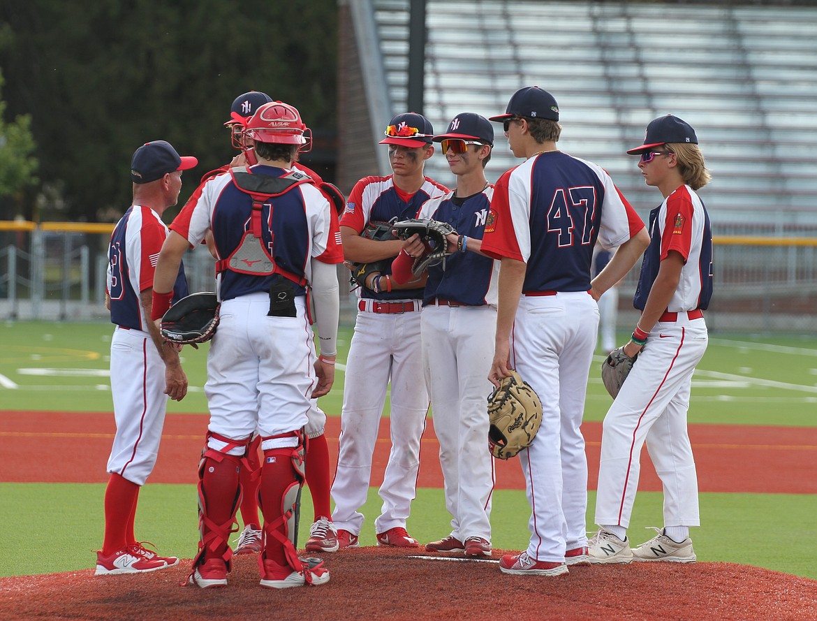 The North Idaho Lakers huddle during a mound visit in the fourth inning of Saturday's 6-3 victory over the Lewis-Clark Cubs