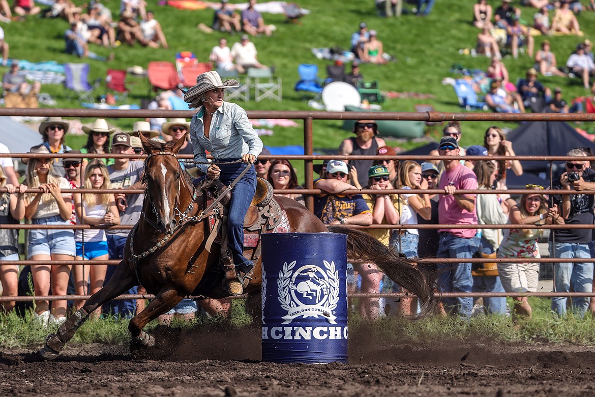 Portia McCaffree of Whitefish competes in the barrel race in the Under the Big Sky Rodeo on July 15. (JP Edge photo)