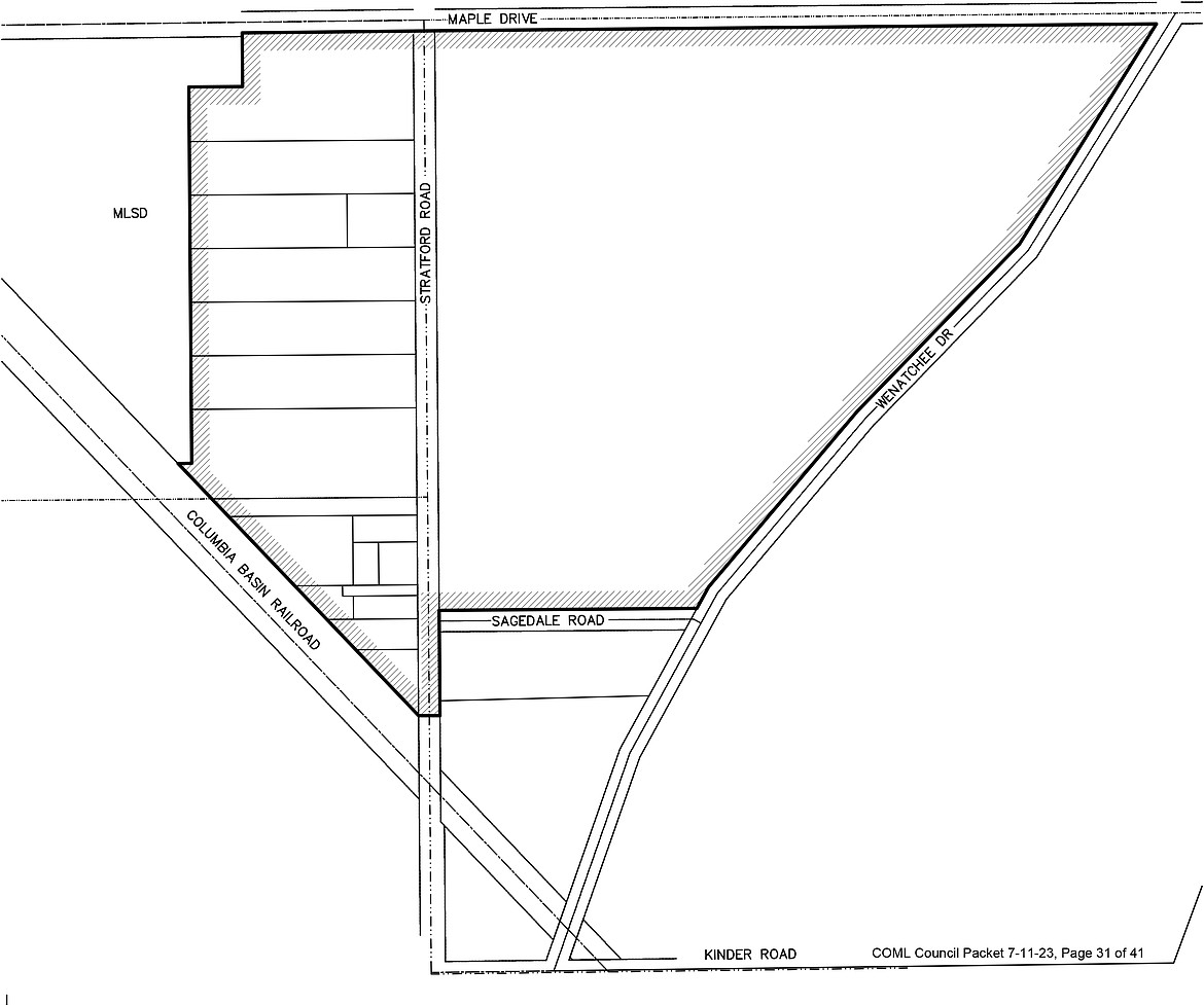 Moses Lake city officials will consider the annexation of about 84 acres into the city of Moses Lake along Stratford Road, with the proposed property outlined in hashmarks on the map above.