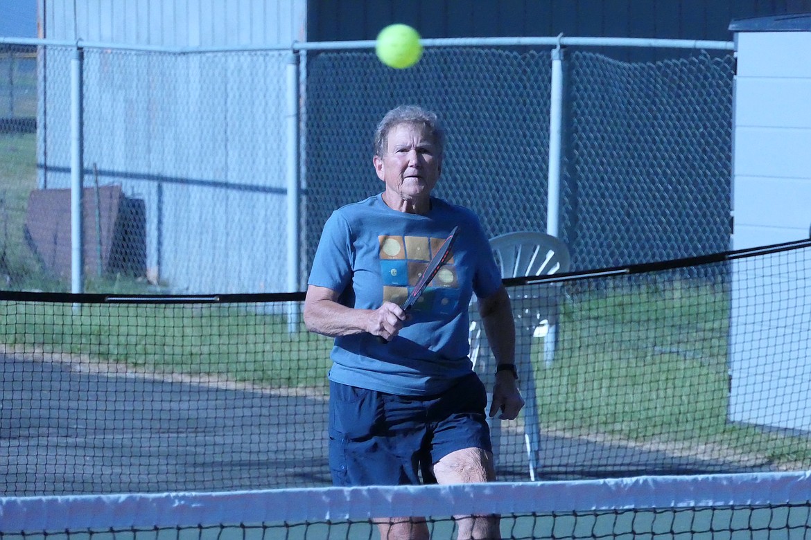 Thompson Falls Pickleball Club member Nancy Fields eyes a return shot during a game last Saturday in T Falls. (Chuck Bandel/VP-MI)