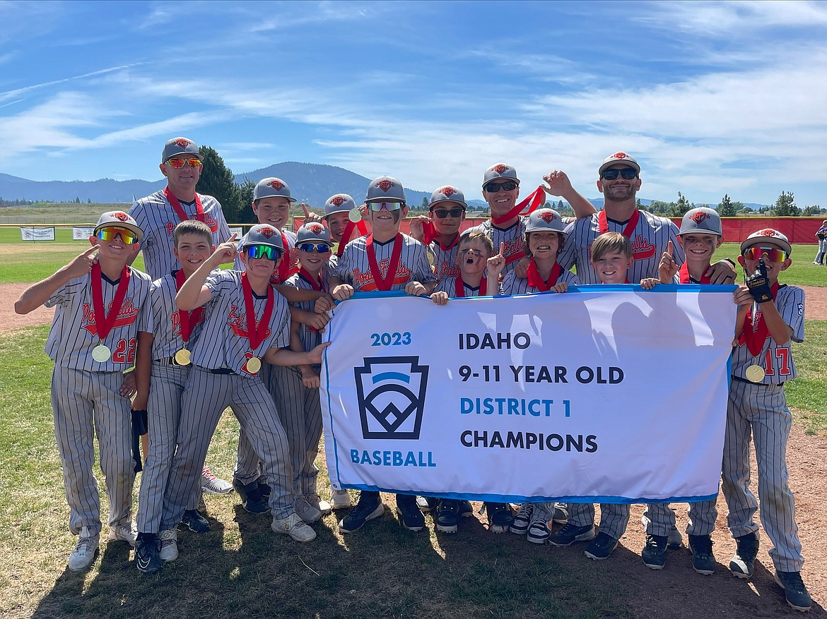 Courtesy photo
Post Falls won the 11U District 1 championship last weekend at Croffoot Park in Hayden, to advance to the state playoffs this weekend in Boise. In the front row from left are Brandin Colglaizier, Liam Foxx, Tate Torfin, Lawson Roberg, Jaxon LaFountain, Owen Dagon, Dawson Bechel, Finn Greenland, Liam Rettmann and Layke Eckhart; and back row from left, manager Joel Eckhart, Josiah Morast, Jaxson Keevy, Carson Perkins, coach Troy Roberg and coach Brian Dagon.