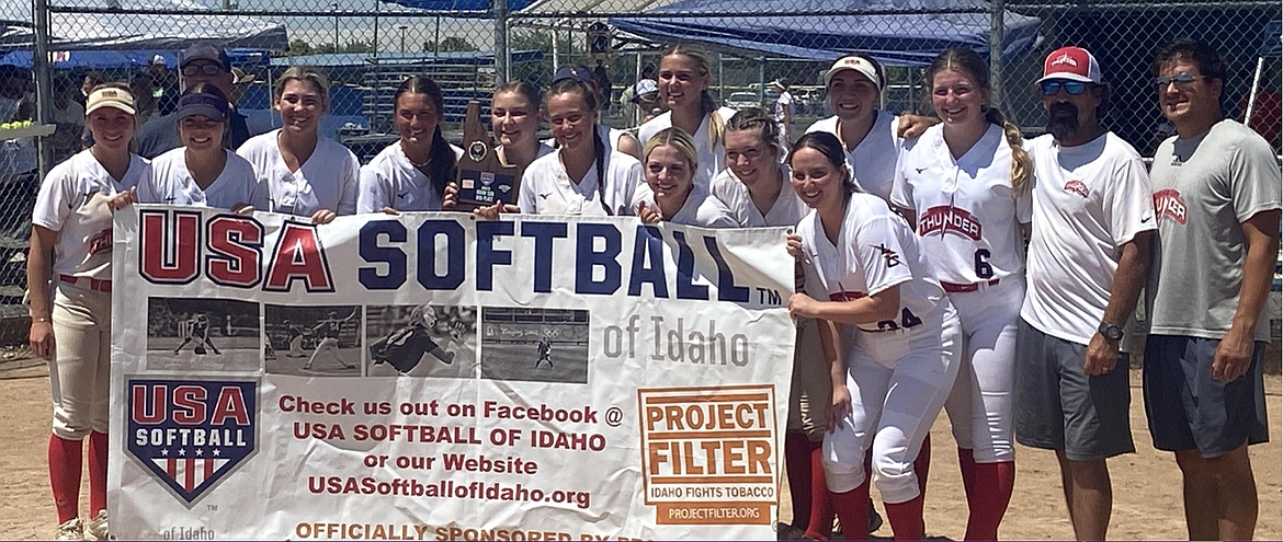 Courtesy photo
The Lake City Thunder fastpitch softball team finished third at the recent state 18U tournament in Caldwell. In the front row from left are Alexis Blankenship, Emma McManigle, Catherine Bakken, Kaci Kiblen, Kristine Schmidt, Katie Berg, Delaney Gosch, Payton Sterling and Kaidyn Howard; and back row from left, coach Levi Wullenwaber, Brooklyn Wullenwaber (behind Berg), Layla Gugino, Matea Dorame, Taci Watkins, and coaches Mike Dorame and Mogan Gugino.