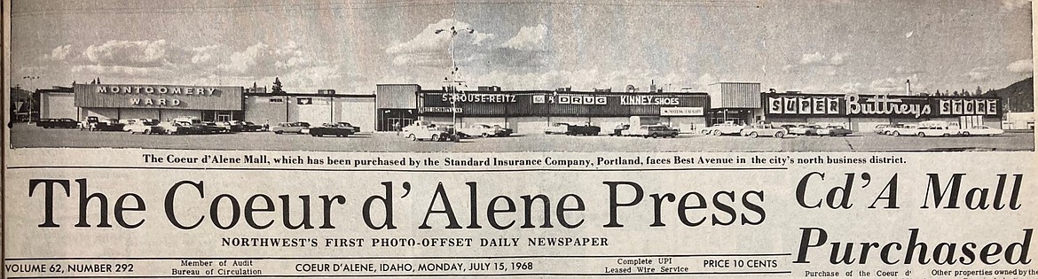 A Coeur d'Alene Press clipping depicting the Coeur d’Alene Mall on Appleway on July 1, 1968.