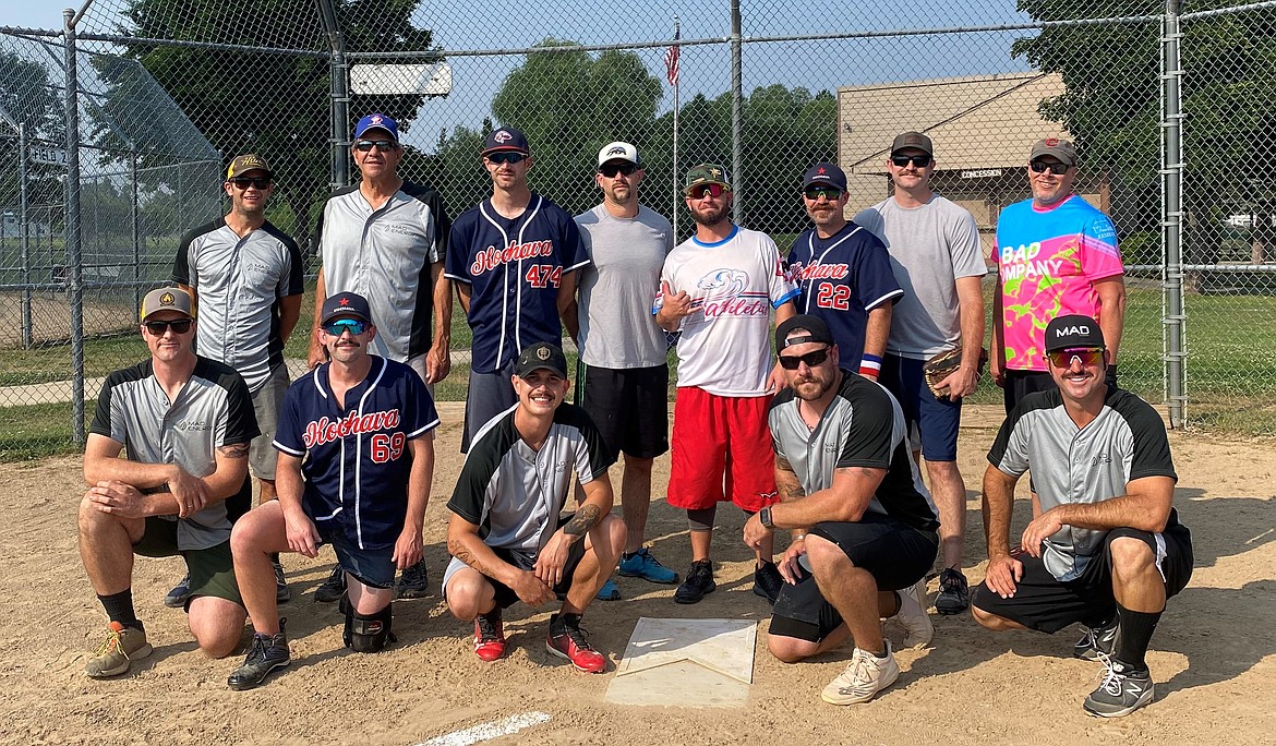 The 2023 Bonner County adult softball league all-star team. Pictured, top row, from left: Rama Scarlett, Jim Pierce, Stephen Leddy, Craig Craviotto, Dustin Gilton, Geoff Marshall, Dan Thompson, Berry Campbell. Bottom row, left to right: Keegan McAuliffe, Cale Kanack, Joseph Gedstad, Chase Ozbirn, Mat Macdonald.