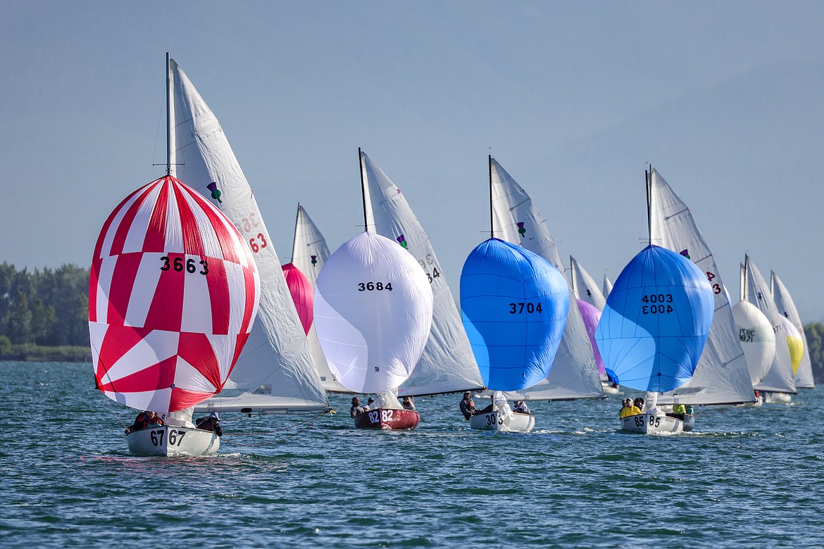 Thistle sailboats fly their spinnakers on Wednesday, July 19 in the 77th Thistle Nationals in Kalispell Bay on Flathead Lake. (JP Edge/Hungry Horse News)