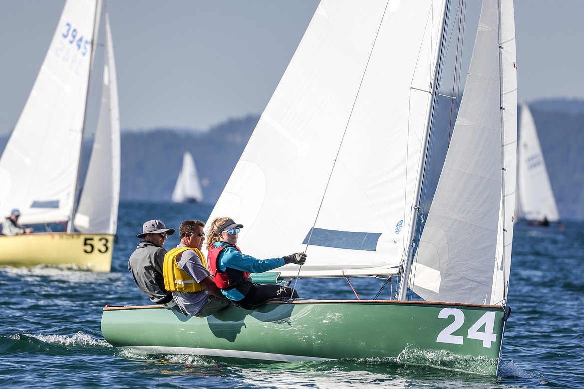 A thistle crew prepares to round the windward mark in the Thistle Nationals on Wednesday, July 19 on Flathead Lake. (JP Edge/Hungry Horse News)