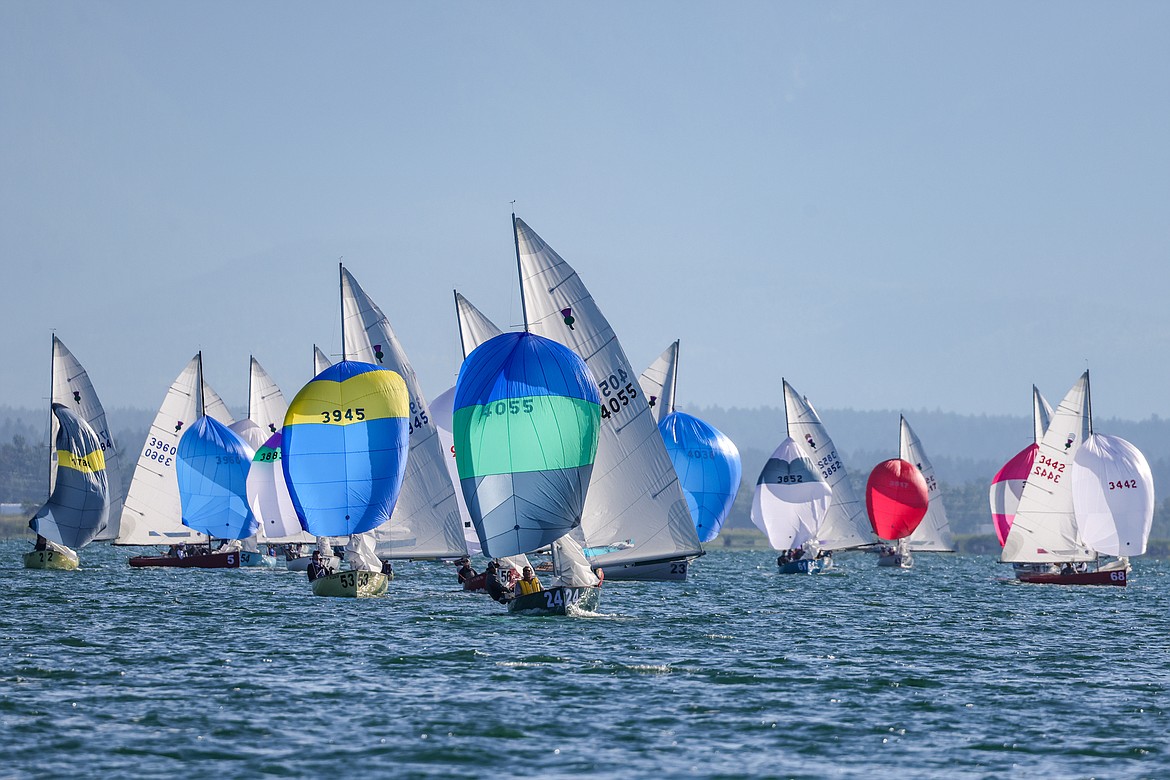 Thistle sailboats fly their spinnakers on Wednesday, July 19 in the 77th Thistle Nationals on Flathead Lake. A spinnaker is used to sail off the wind from a reaching course to a downwind. (JP Edge/Hungry Horse News)