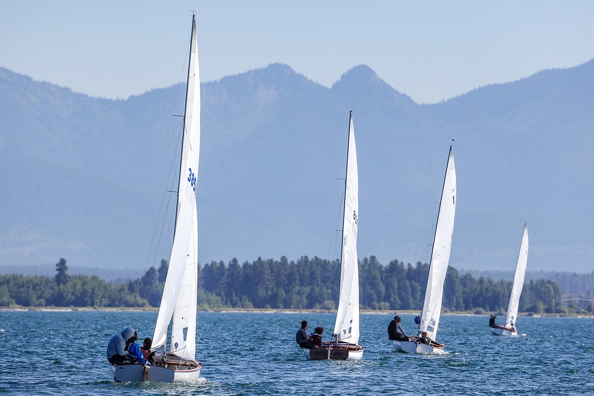 Sailboats in the 77th Thistle Nationals on Flathead Lake with Strawberry Mountain in the distance. The event was hosted by the North Flathead Yacht Club. (JP Edge/Hungry Horse News)