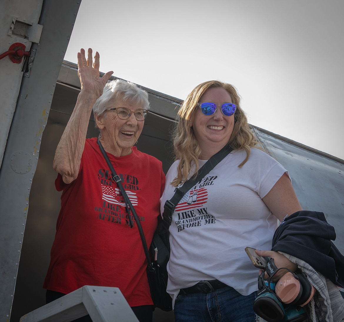 World War II veteran Betty Meyer with her grandaughter Christina Kraus boarding Miss Montana. (Tracy Scott/Valley Press)