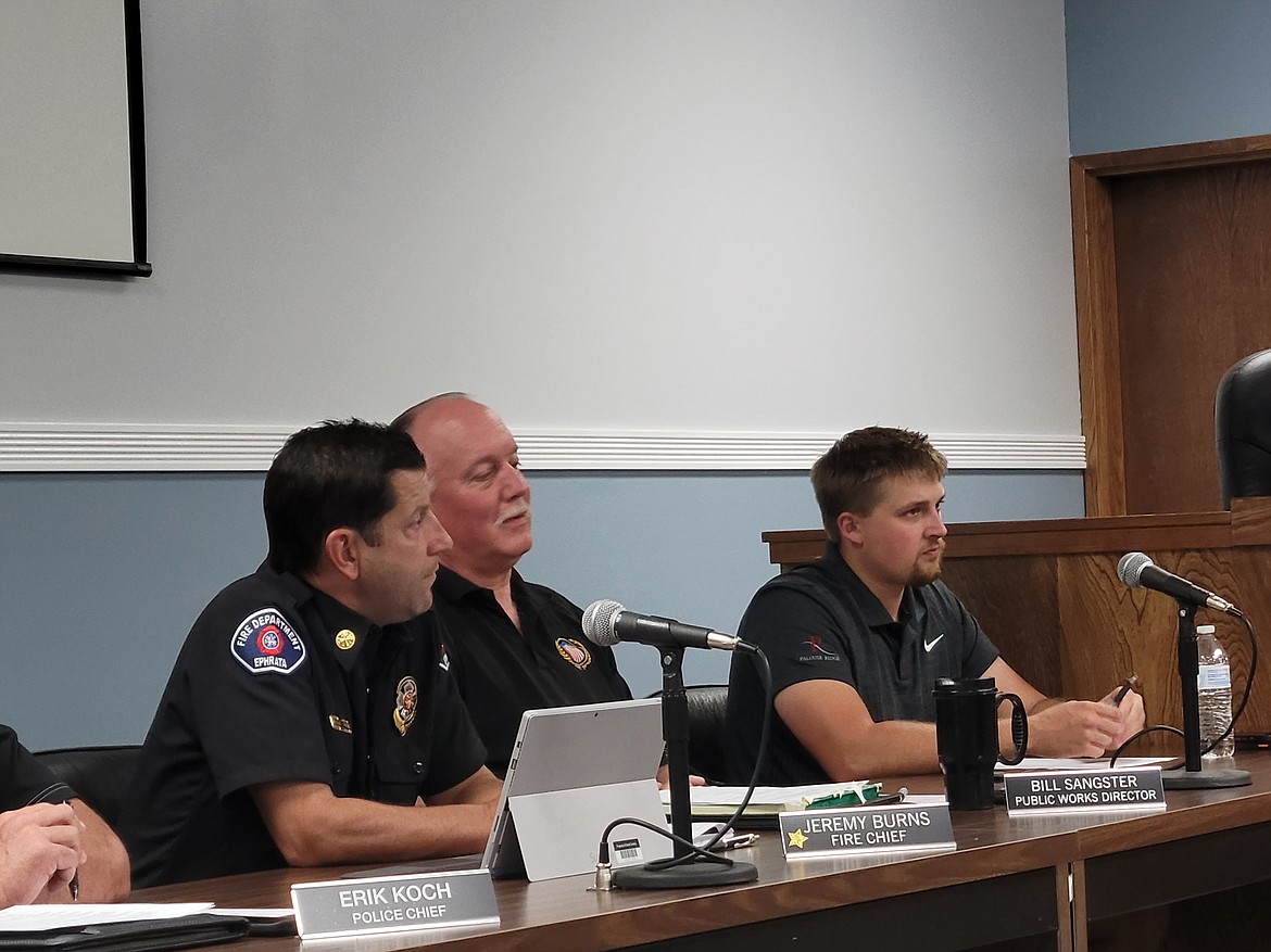 Ephrata Fire Chief Jeremy Burns talks with members of the city council during Wednesday’s meeting. A change in available parts for a new fire truck increased the cost for the fire engine by $64,000, while about $10,000 in changes requested by EFD raised the cost as well.