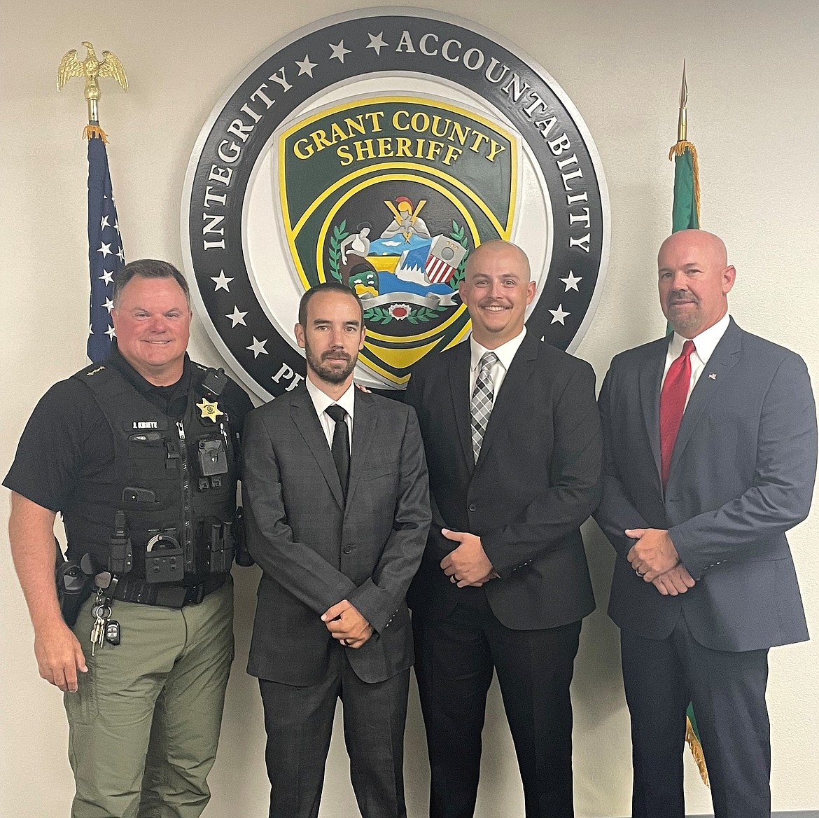 Grant County Sheriff Joe Kriete swore in three new deputies Monday, according to an announcement from GCSO. From left: Kriete, Utility Deputy Frank Entrup, Deputy Trevor Jones and Deputy Ken West.