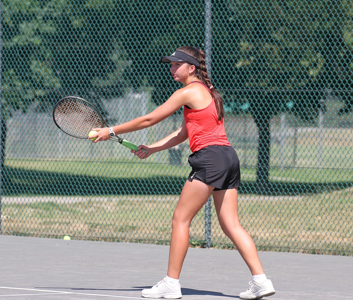 Sydney Webb gets ready to serve in a team tournament match. Webb won the most games in the team tournament and was awarded a Dunlop Limited Edition SX 300 tennis racket.