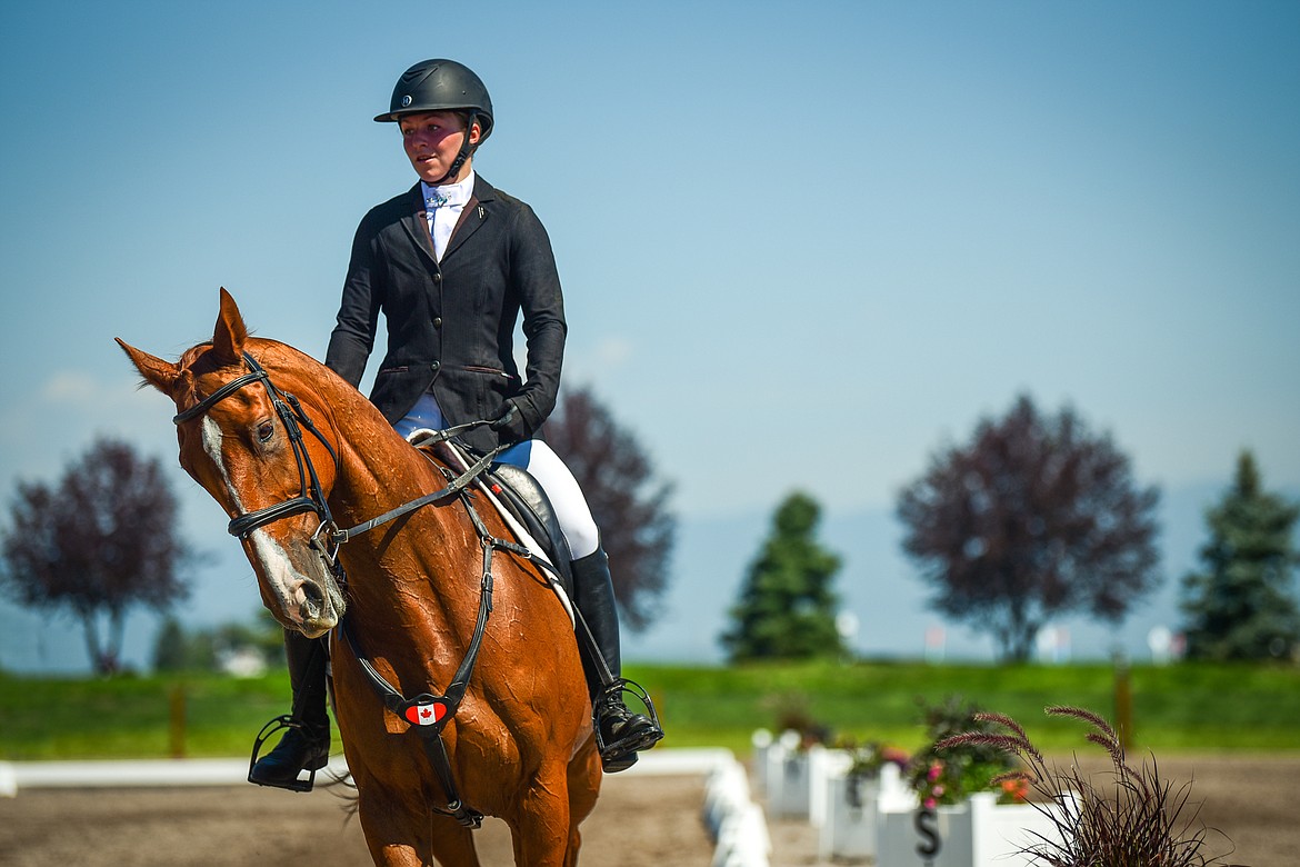 Ella Marquis rides Finely Brewed around the arena during Open Intermediate dressage at The Event at Rebecca Farm on Friday, July 21. (Casey Kreider/Daily Inter Lake)