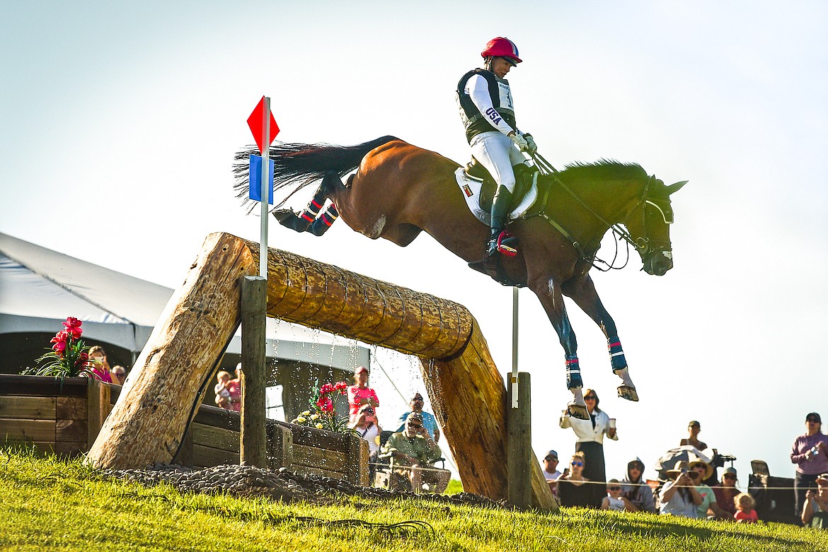 Tamra Smith rides Kynan over a jump during CCI4*S cross-country at The Event at Rebecca Farm on Saturday, July 22. (Casey Kreider/Daily Inter Lake)