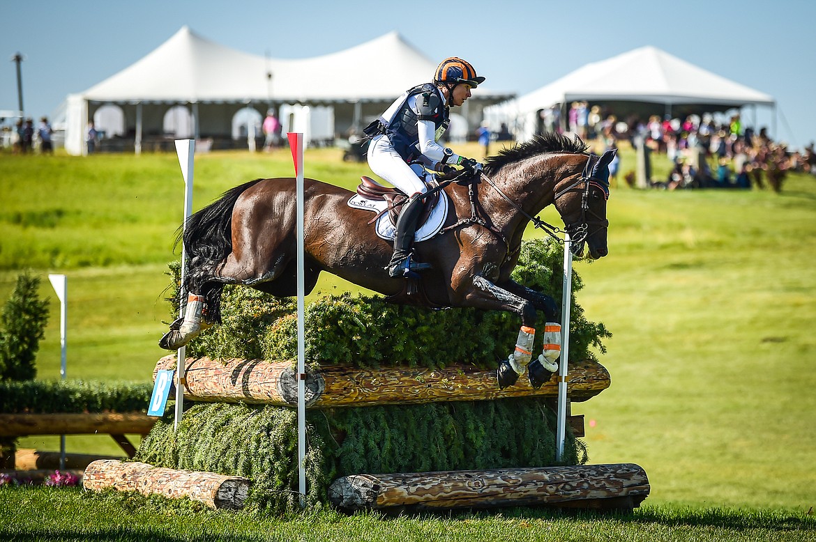 Elisabeth Halliday-Sharp rides Cooley Moonshine over a jump during CCI4*L cross-country at The Event at Rebecca Farm on Saturday, July 22. (Casey Kreider/Daily Inter Lake)