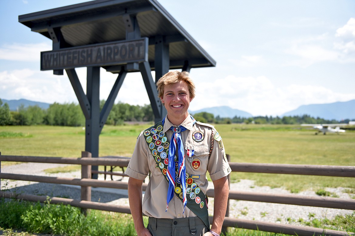 Whitefish High School graduate and Eagle Scout Ryan Economy stands in front of the new pavilion at the Whitefish Airport. Economy built the structure with help of friends and family for his Eagle Scout project last year. (Whitney England/Whitefish Pilot)