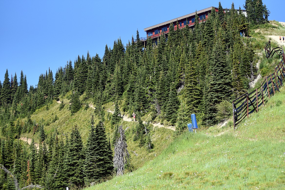 Runners make the final traverse under the summit house to the finish line of the Big Mountain Run on Saturday. (Julie Engler/Whitefish Pilot)