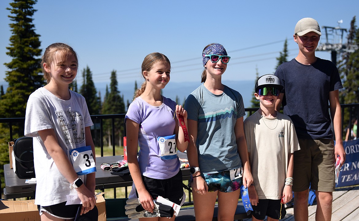 The fastest finishers in the junior division of the Big Mountain Race. From left to right: Katya Aronow, Addie Nerdig, Findley Dezzani, Boden Dezzani, Liam Browne. (Not pictured, Ethan Amick) (Julie Engler/Whitefish Pilot)