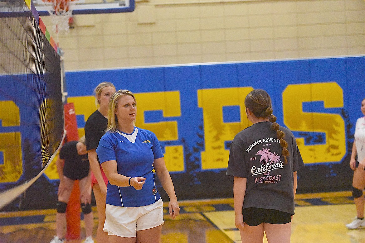 Libby Lady Loggers head volleyball Sam Hannah during a recent two-day camp where North Idaho College coaches and players helped teach the sport. (Scott Shindledecker/The Western News)