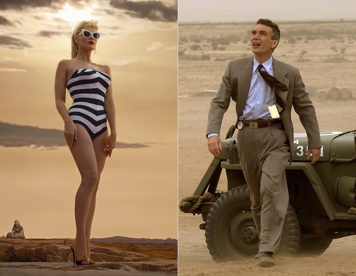 This combination of images shows Margot Robbie in a scene from "Barbie," left, and Cillian Murphy in a scene from "Oppenheimer."