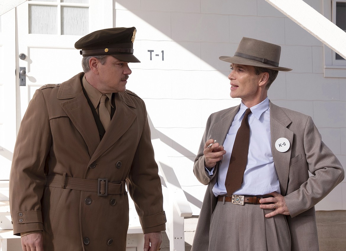 This image released by Universal Pictures shows Matt Damon as Gen. Leslie Groves, left, and Cillian Murphy as J. Robert Oppenheimer in a scene from "Oppenheimer."