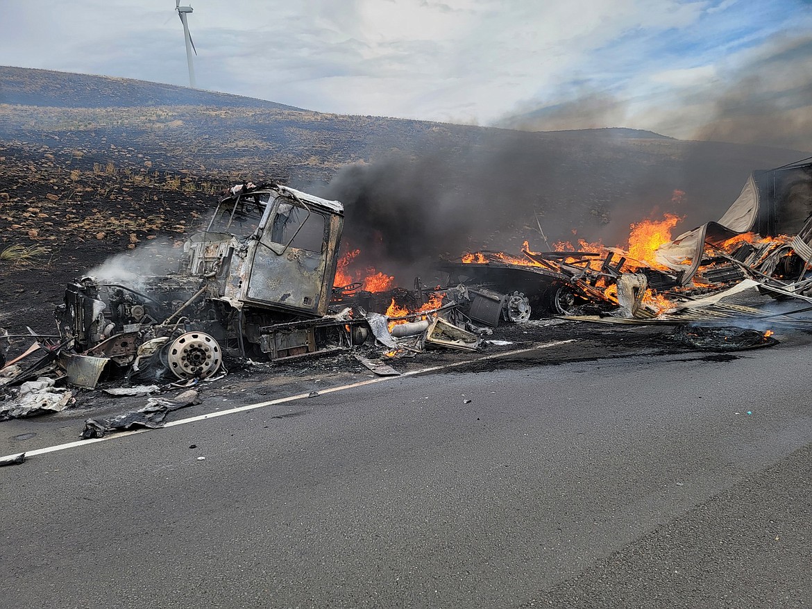 A semi caught fire Monday and ignited a wildfire fire above Vantage that closed I-90 in both directions for several hours.