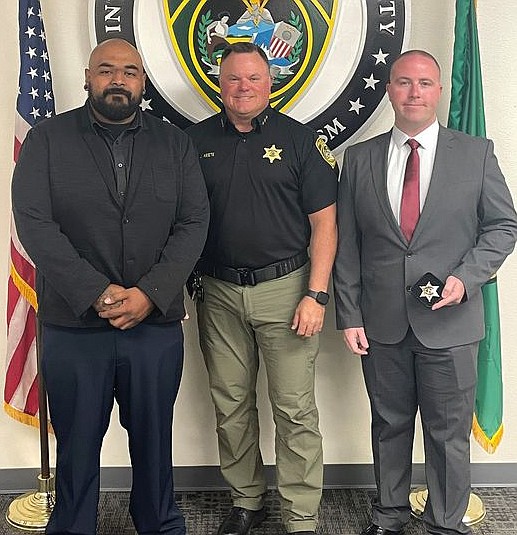 Sheriff Joe Kriete swore in two new corrections deputies Monday, according to a statement from the Grant County Sheriff’s Office. Deputy Eric Rojas, left, rejoined the GCSO after a hiatus of about a year, according to the statement, while Deputy Eric Clark, right, is new to the GCSO and will attend the Basic Law Enforcement Academy in August.